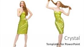  Presentation with hair dress - Cool new slide set with red hair girl in sparkling green dress isolated on white backdrop and a white colored foreground
