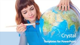  Presentation with red globe - PPT layouts consisting of red-haired girl is painting globe isolated on white background background and a teal colored foreground