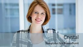  Presentation with camera - Audience pleasing PPT layouts consisting of red haired hipster smiling at camera in front of a window backdrop and a light blue colored foreground