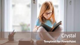  Presentation with girl in red dress - PPT theme featuring red-haired little girl reading background and a violet colored foreground