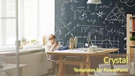  Presentation with scientific - Amazing presentation design having red haired man wearing beanie hat and glasses resting in chair with legs on table using smartphone against blackboard with scientific formulas written in chalk backdrop and a violet colored foreground