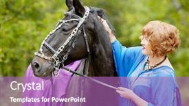  Presentation with capote - Cool new slides with red-haired smiling woman in blue capote with bay horse in the park backdrop and a coral colored foreground