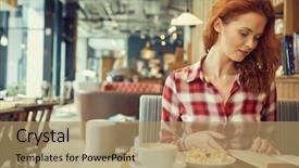  Presentation with book - Colorful PPT theme enhanced with red haired woman reading book backdrop and a coral colored foreground