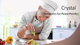  Presentation with cook chef - Slide set with red hat - young chef cook decorating meat background and a light gray colored foreground