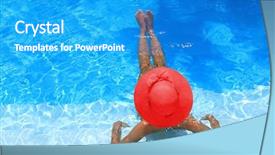  Presentation with swimming - PPT theme having red hat - young woman enjoying a swimming background and a teal colored foreground