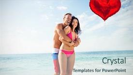  Presentation with balloon - Slides featuring red heart balloon against happy couple enjoying on beach 3d background and a sky blue colored foreground