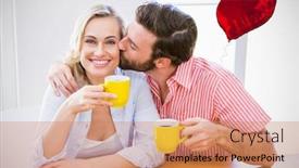  Presentation with balloon - Slides consisting of red heart balloon against man kissing woman while having coffee 3d background and a coral colored foreground