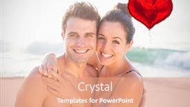  Presentation with balloon - Audience pleasing presentation theme consisting of red heart balloon against portrait of happy couple embracing at beach 3d backdrop and a coral colored foreground