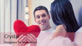  Presentation with relationships - PPT theme having hotel travel relationships holidays and happiness concept - smiling couple in bed with red heart-shaped pillow background and a coral colored foreground