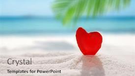  Presentation with sand heart - Presentation consisting of red heart shaped sea glass on white sand beach with seascape background and a lemonade colored foreground