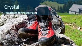  Presentation with activity - Presentation with red hiking boots on a hike in the mountains of austria activity during leisure time background and a ocean colored foreground