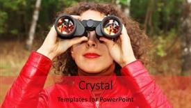  Presentation with beautiful young woman getting face - Theme having red jacket looks through binoculars background and a red colored foreground