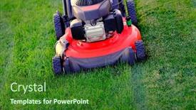  Presentation with green lawn - Slides enhanced with red-lawn-mower-in-lush background and a forest green colored foreground