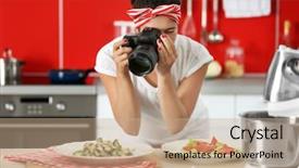  Presentation with blogger - Presentation consisting of red magazine - girl photographing on kitchen food background and a  colored foreground