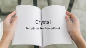  Presentation with open book - Colorful slide deck enhanced with red magazine - hands open book on table backdrop and a light gray colored foreground