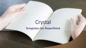  Presentation with open book - Slide deck enhanced with red magazine - hands open book on wood background and a  colored foreground