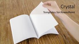  Presentation with open book - Colorful slide deck enhanced with red magazine - hands open book on wood backdrop and a  colored foreground