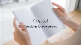  Presentation with open book - Slides consisting of red magazine - hands open book on wood background and a  colored foreground