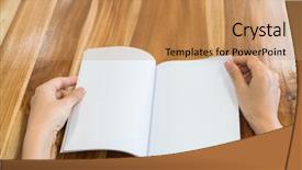  Presentation with open book - Audience pleasing presentation consisting of red magazine - hands open book on wood backdrop and a  colored foreground