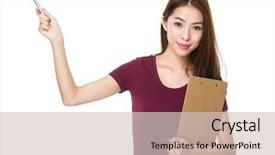  Presentation with feather as pen - Beautiful slide set featuring red marsala - young woman hold with clipboard backdrop and a soft green colored foreground