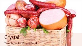  Presentation with sausages - Beautiful PPT theme featuring red meat - lot of different sausages backdrop and a lemonade colored foreground