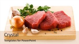  Presentation with raw meat beef veal shank - Beautiful theme featuring red meat - raw beef on cutting board backdrop and a yellow colored foreground