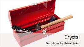  Presentation with tools - Amazing slide set having red metal toolbox with tools backdrop and a sky blue colored foreground
