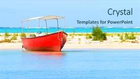  Presentation with paradise island - Presentation theme featuring red motor boat on indian background and a light blue colored foreground