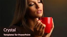  Presentation with coffee cup - Cool new PPT theme with red mug - beautiful young woman with cup backdrop and a  colored foreground