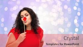  Presentation with party lights - Colorful presentation theme enhanced with red nose day party props and photo booth concept - happy woman with clown nose posing over festive lights background backdrop and a red colored foreground