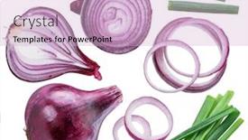 Presentation with red onion - Presentation theme having red onion bulbs cross sections of onion and spring onion on white background background and a lemonade colored foreground
