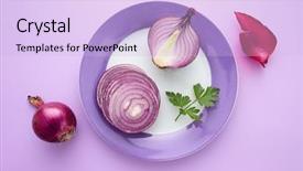  Presentation with food red - Colorful presentation theme enhanced with red onions with parsley on purple background slices of red onion and parsley on a plate food ingredients backdrop and a light blue colored foreground