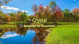  Presentation with green foliage - Theme having red orange and green autumn foliage is reflected to clear water of the lake the shining sunny day in the french canada concept of recreational tourism background and a tawny brown colored foreground