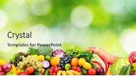  Presentation with fresh fruits vegetables - Presentation design enhanced with red panels - panorama fresh fruits and vegetables background and a soft green colored foreground