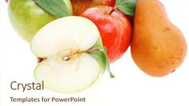  Presentation with apple pear - PPT layouts enhanced with red pear and green apple with half isolated over white background background and a cream colored foreground