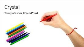  Presentation with hand holding pencil - PPT theme with red pencil in hand background and a  colored foreground