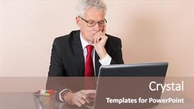  Presentation with laptop - Presentation having red pencil leader - senior man working with laptop background and a  colored foreground