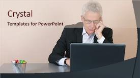  Presentation with laptop - Presentation design having red pencil leader - senior man working with laptop background and a  colored foreground