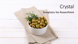  Presentation with bowl - Slide set consisting of green olives stuffed with red background and a sky blue colored foreground