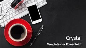  Presentation with computer music - Slide deck having music red - office leather desk table background and a dark gray colored foreground