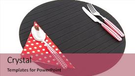  Presentation with cutlery - Cool new PPT layouts with red place mat with checkered cutlery and dotted napkin backdrop and a coral colored foreground