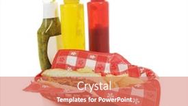  Presentation with potato chips - Beautiful theme featuring red plastic basket containing a hot dog in a bun with potato chips condiments positioned nearby on a white background backdrop and a coral colored foreground