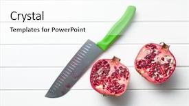  Presentation with pomegranate - Beautiful theme featuring garnet - red pomegranate on kitchen table backdrop and a white colored foreground