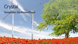  Presentation with turbine - Presentation design featuring red poppy field with wind turbine background and a light blue colored foreground
