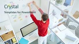  Presentation with noticeboard - Slide deck with red pullover putting sticky notepaper background and a sky blue colored foreground