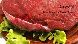  Presentation with meat beef - Colorful presentation enhanced with red raw beef meat and salad over white on wooden plate backdrop and a red colored foreground