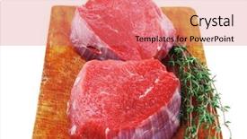 Presentation with raw meat - Slide deck featuring red raw fillet chops three fresh beef meat chops with thyme twig on wooden plate isolated over white background background and a coral colored foreground