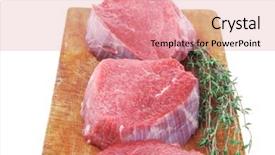 Presentation with fresh meat - Slide set having red raw fillet chops three fresh beef meat chops with thyme twig on wooden plate isolated over white background background and a coral colored foreground