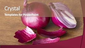  Presentation with red onion - Presentation design featuring red raw onion sliced into two over wooden background background and a coral colored foreground
