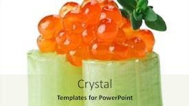  Presentation with celery - Slides featuring red salmon caviar canape with celery and thyme twig isolated on white macro background and a mint green colored foreground